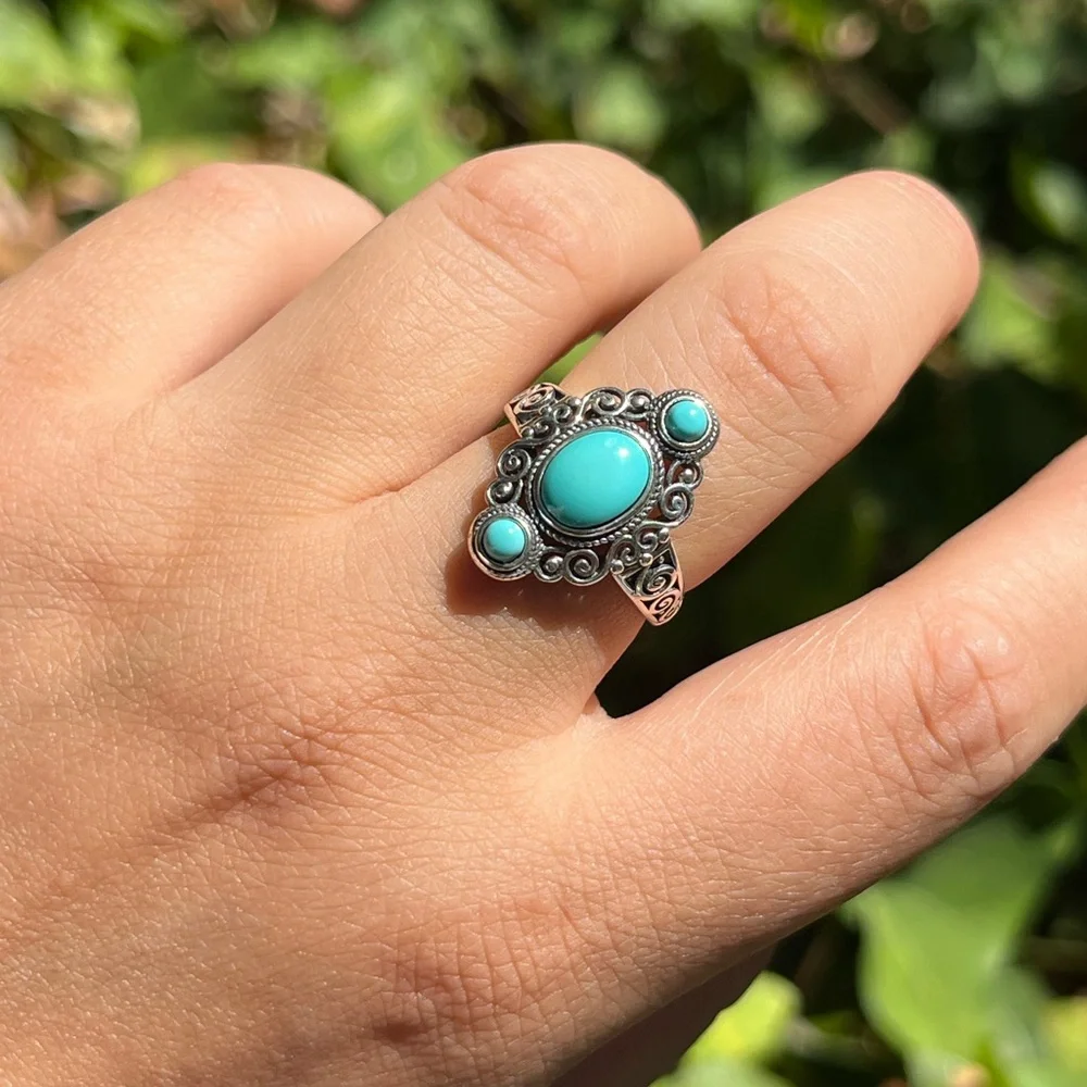 Sterling silver adjustable three stones turquoise ring‎
